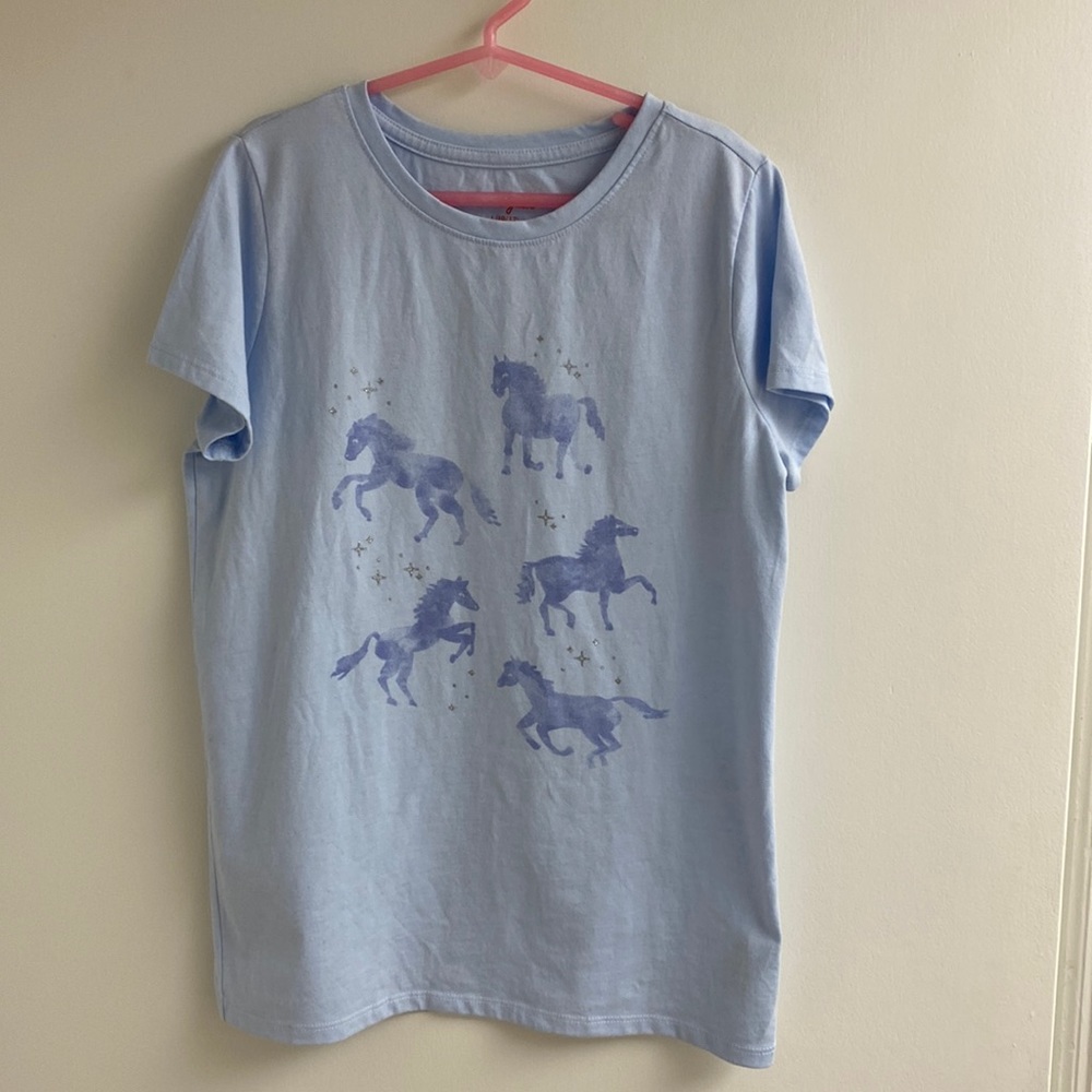 Cat & Jack girls L 10/12 t-shirt, light blue with horses print